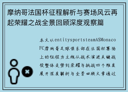摩纳哥法国杯征程解析与赛场风云再起荣耀之战全景回顾深度观察篇